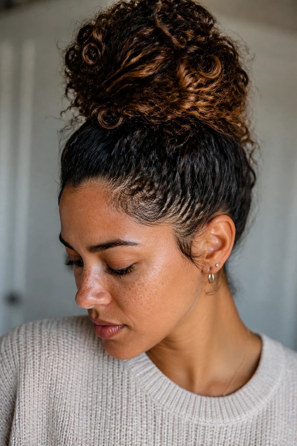 Portrait of a real person with a pineapple bun in thick hair