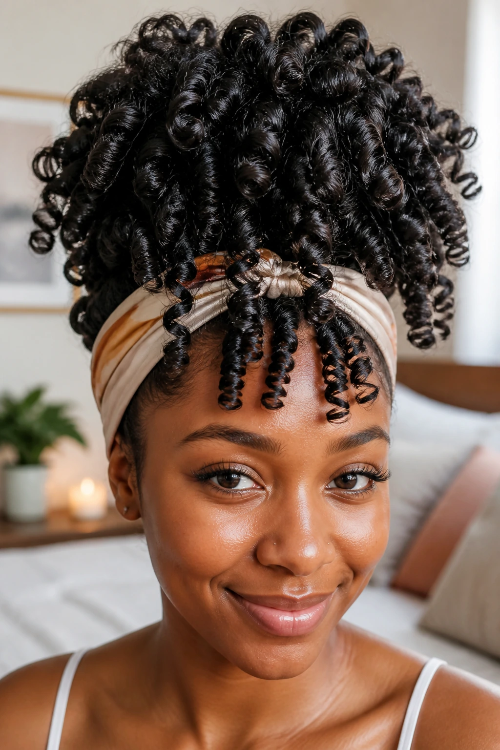 Close-up of a real woman with a high pineapple coil style and forward-falling ends