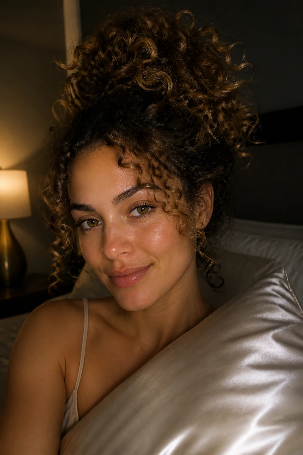Close-up of a woman with curly hair in a pineapple updo atop a satin pillowcase indoors at night