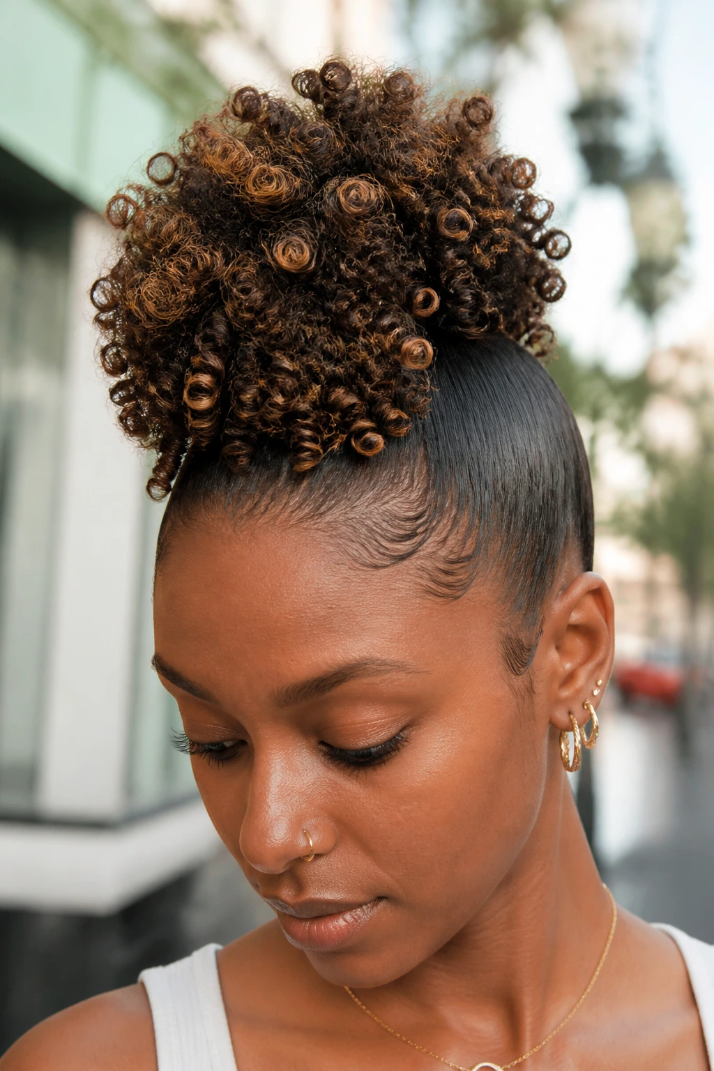 Close-up of a real person with a Pineapple Curly Mohawk high crown.