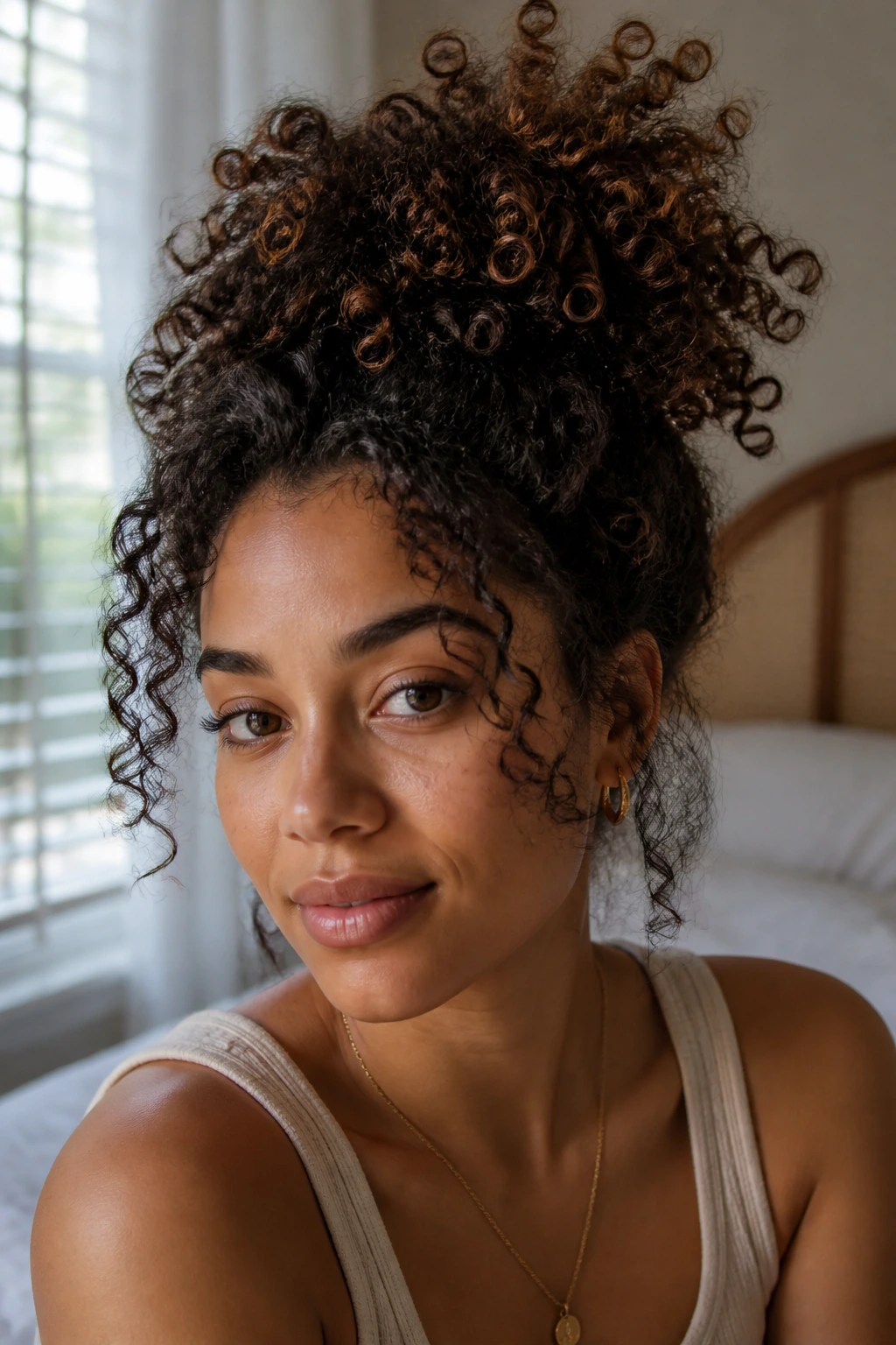 Portrait of a person with a loose pineapple hairstyle