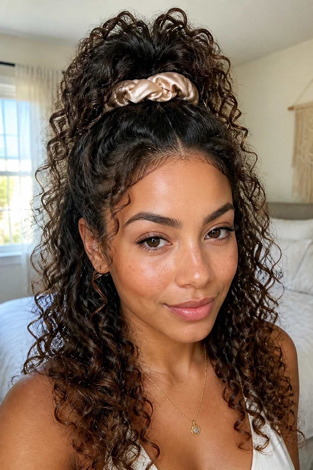 Close-up of real woman with pineapple half-up hairstyle
