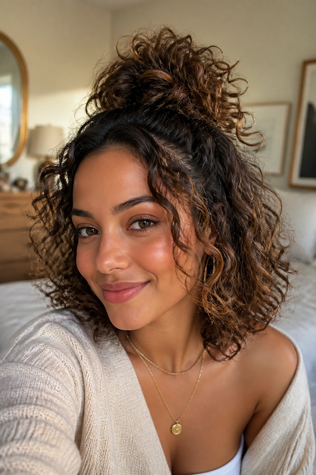 Close-up of a real woman with a high pineapple half-up hairstyle.