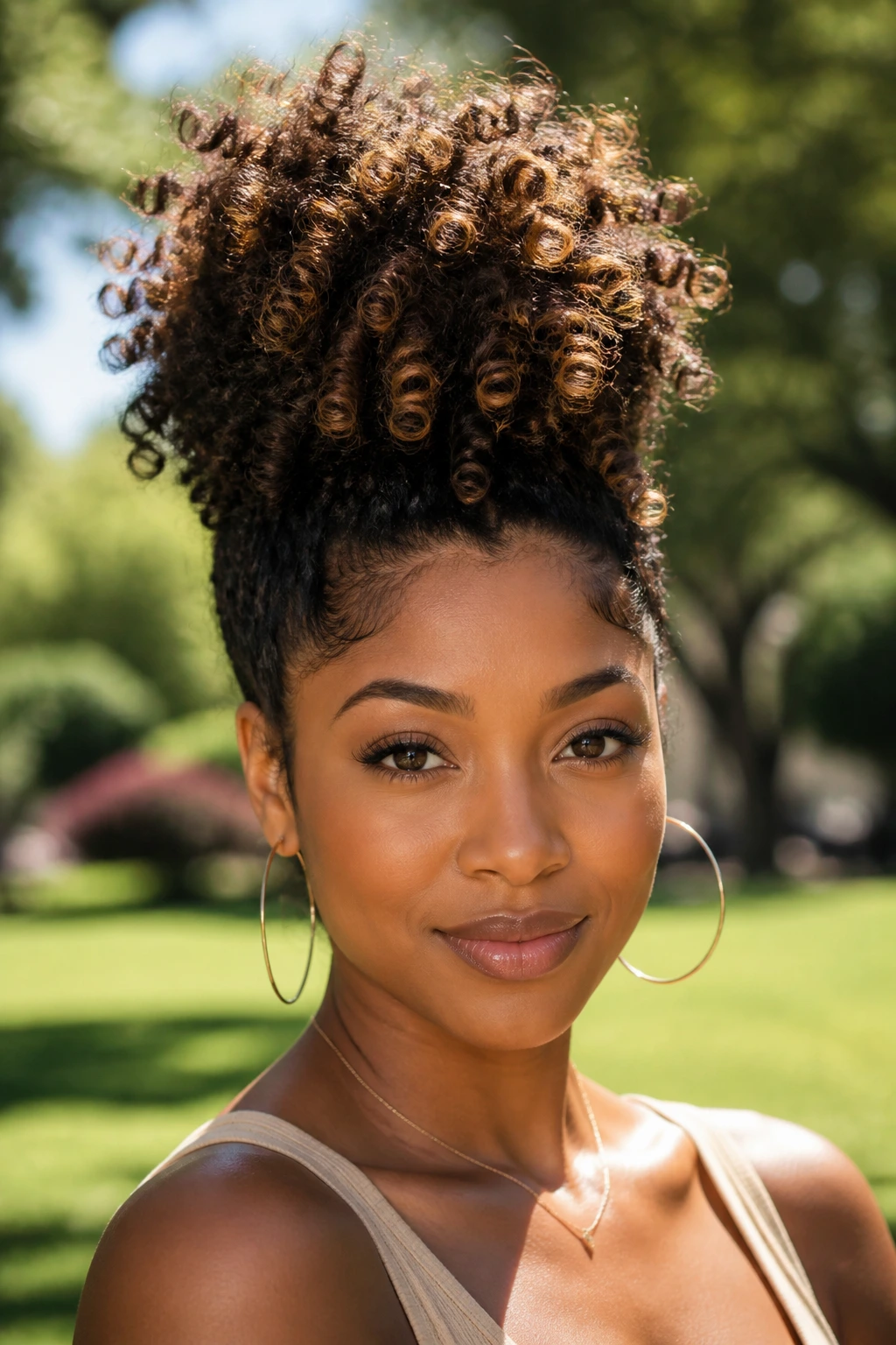 Real Black woman with a high pineapple crown of curls outdoors in a sunny park.