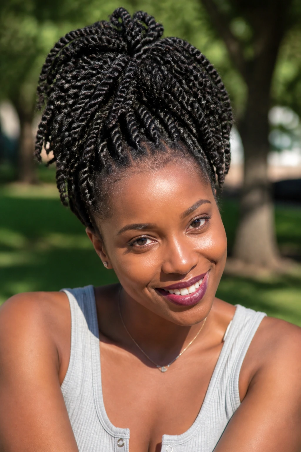 Close-up portrait of a real Black woman with a high pineapple Marley twist ponytail.