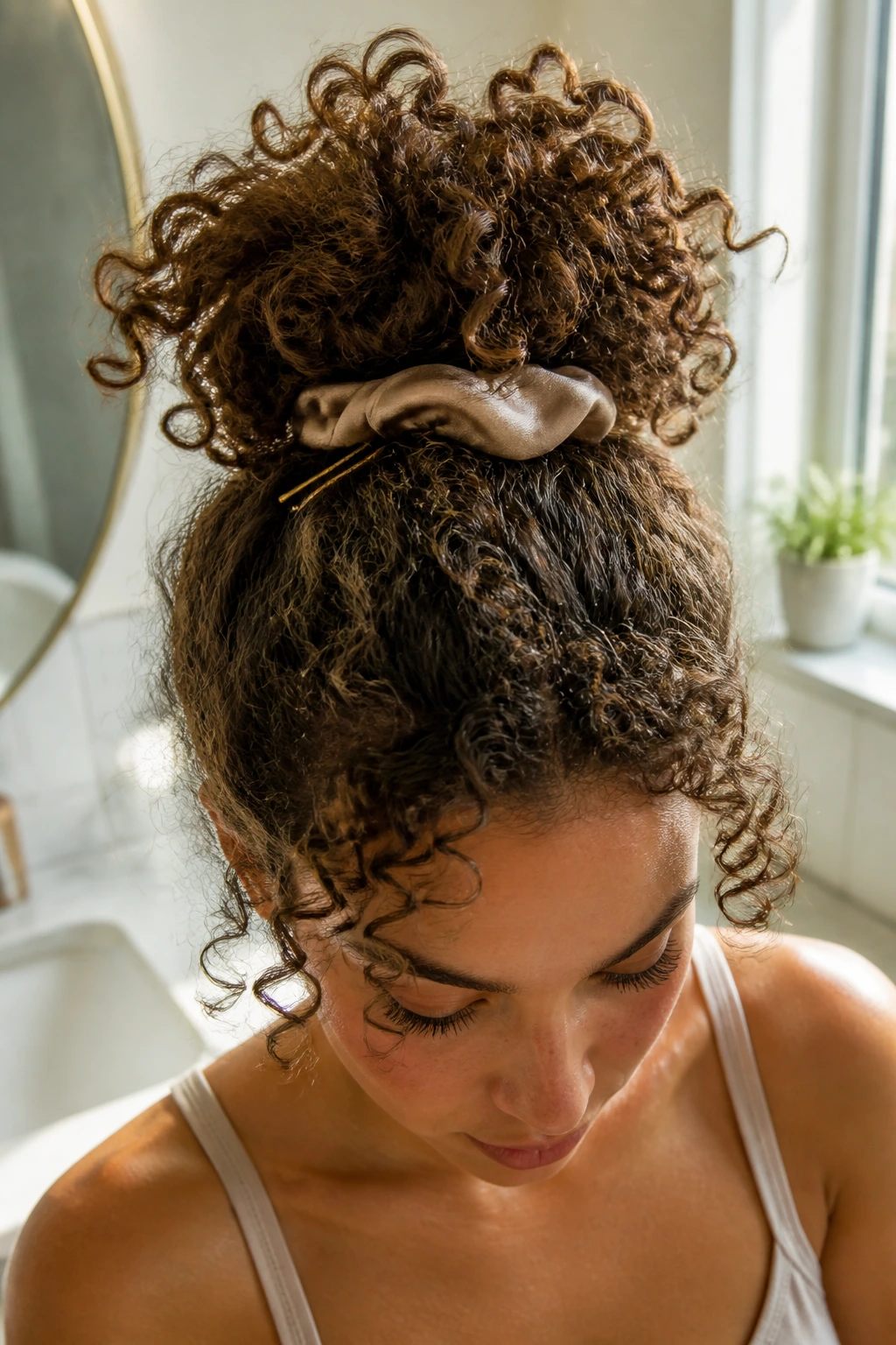High pineapple messy bun on a real person with lifted crown