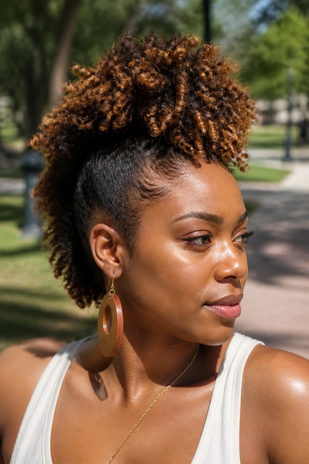 Close-up portrait of a real Black woman with a pineapple mohawk outdoors in sunlight