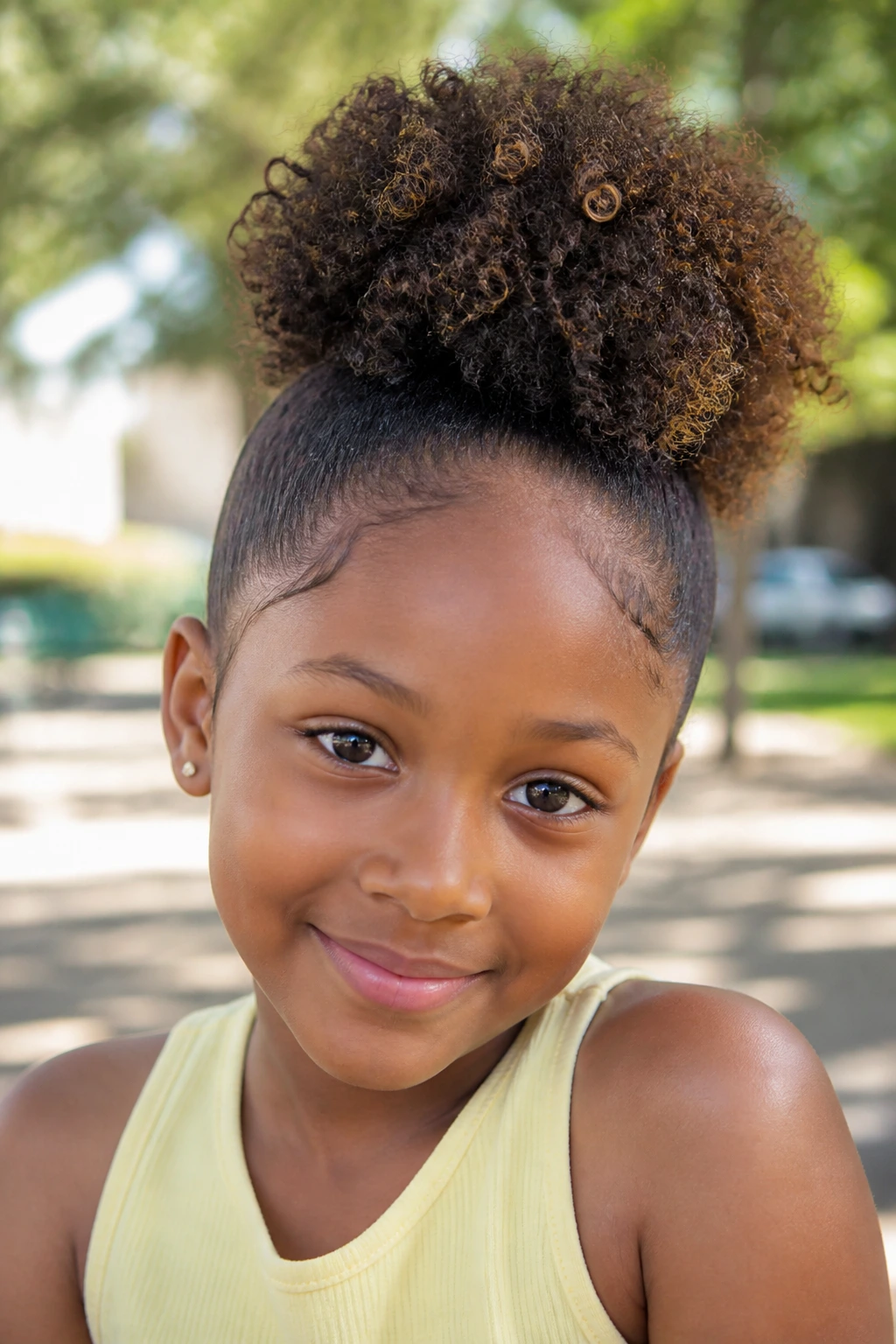 Close-up of a girl with a high crown pineapple mohawk