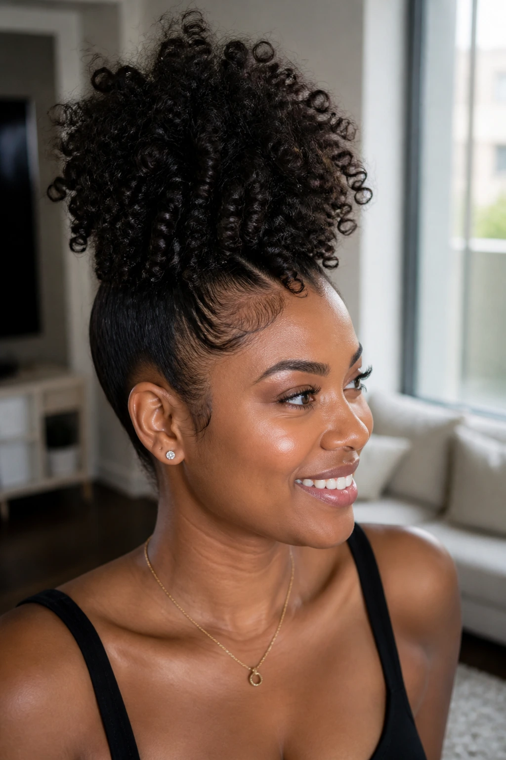 Real woman with pineapple mohawk on medium-length hair in natural light