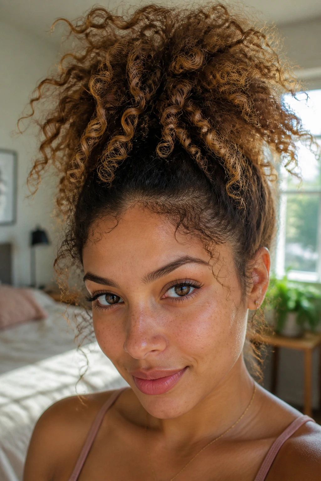 Close-up of a pineapple ponytail with curls fanning at the crown.