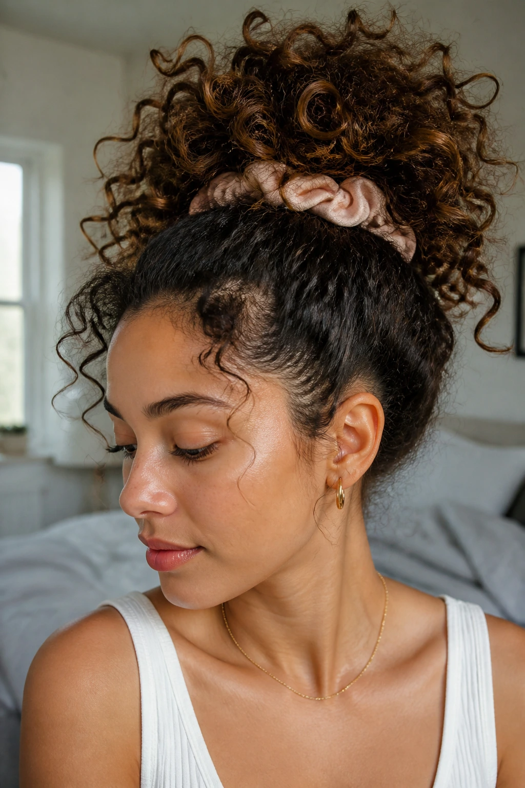 Close-up of a real woman with a high pineapple ponytail for second-day curls under natural window light