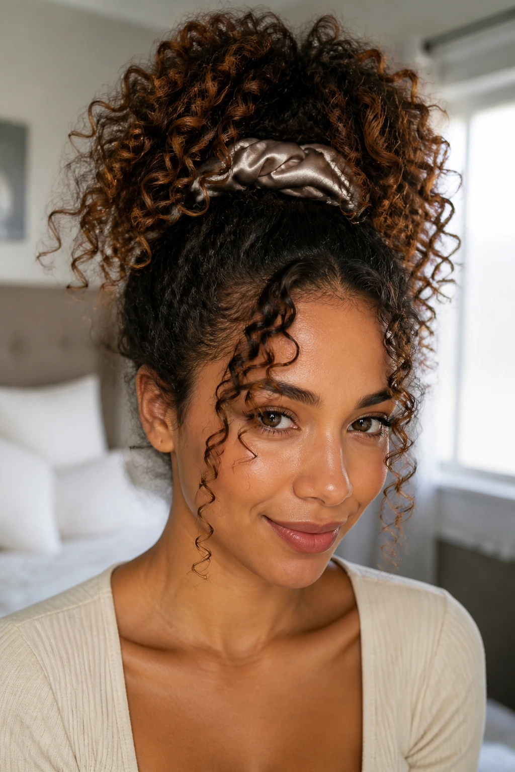 Real person with high pineapple ponytail and face-framing curls