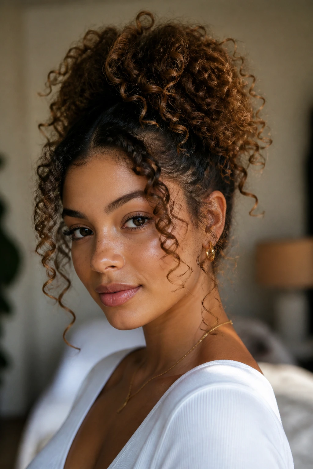 Close-up of a real person with a high pineapple ponytail and loose face-framing curls