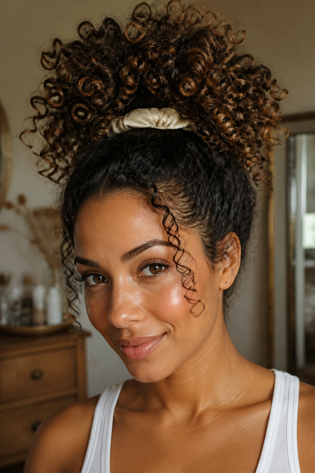 Close-up of a real woman with a pineapple ponytail hairstyle