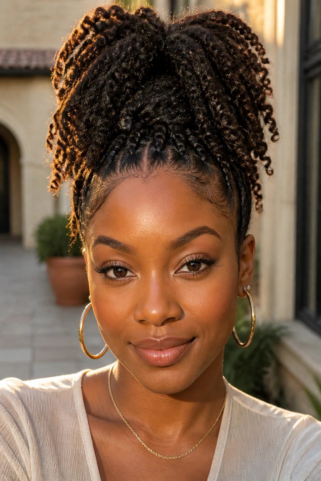 Close-up of a real woman with a high pineapple spring twist ponytail