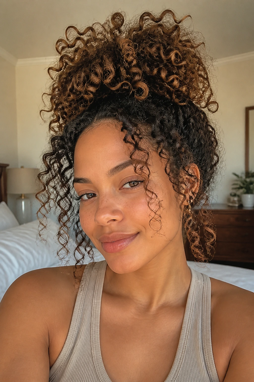 Close-up of a real woman with a pineapple puff hairstyle