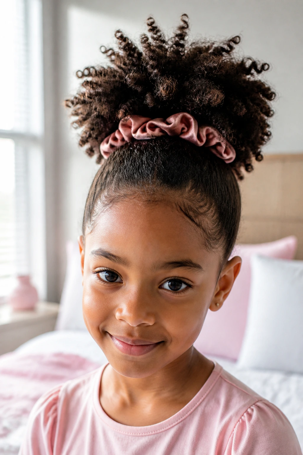 Child with high pineapple puff hairstyle in a sunlit bedroom.