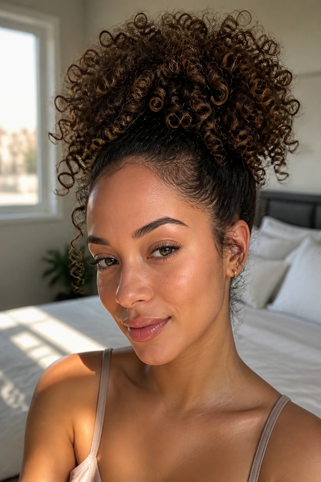 Close-up of a real woman with a high pineapple puff crown hairstyle