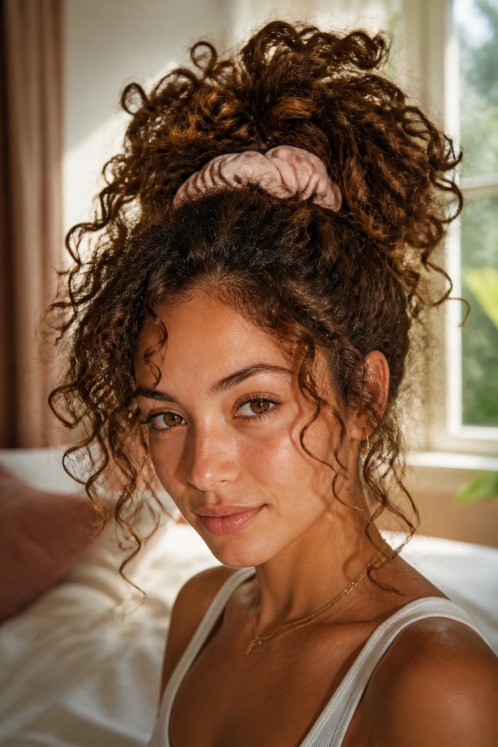 Close-up portrait of a real woman with a high pineapple puff hairstyle