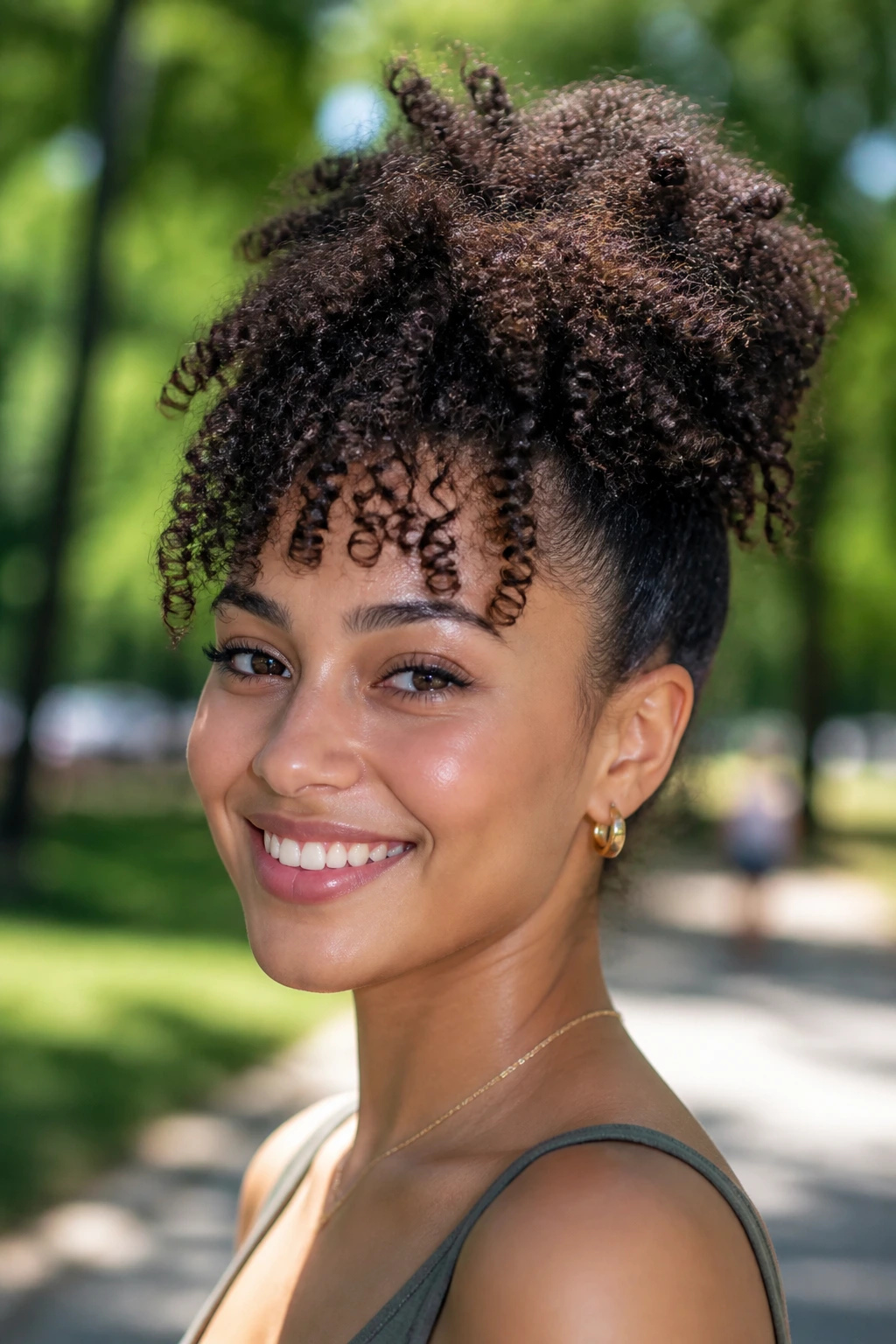 Close-up of a person wearing a high pineapple puff hairstyle