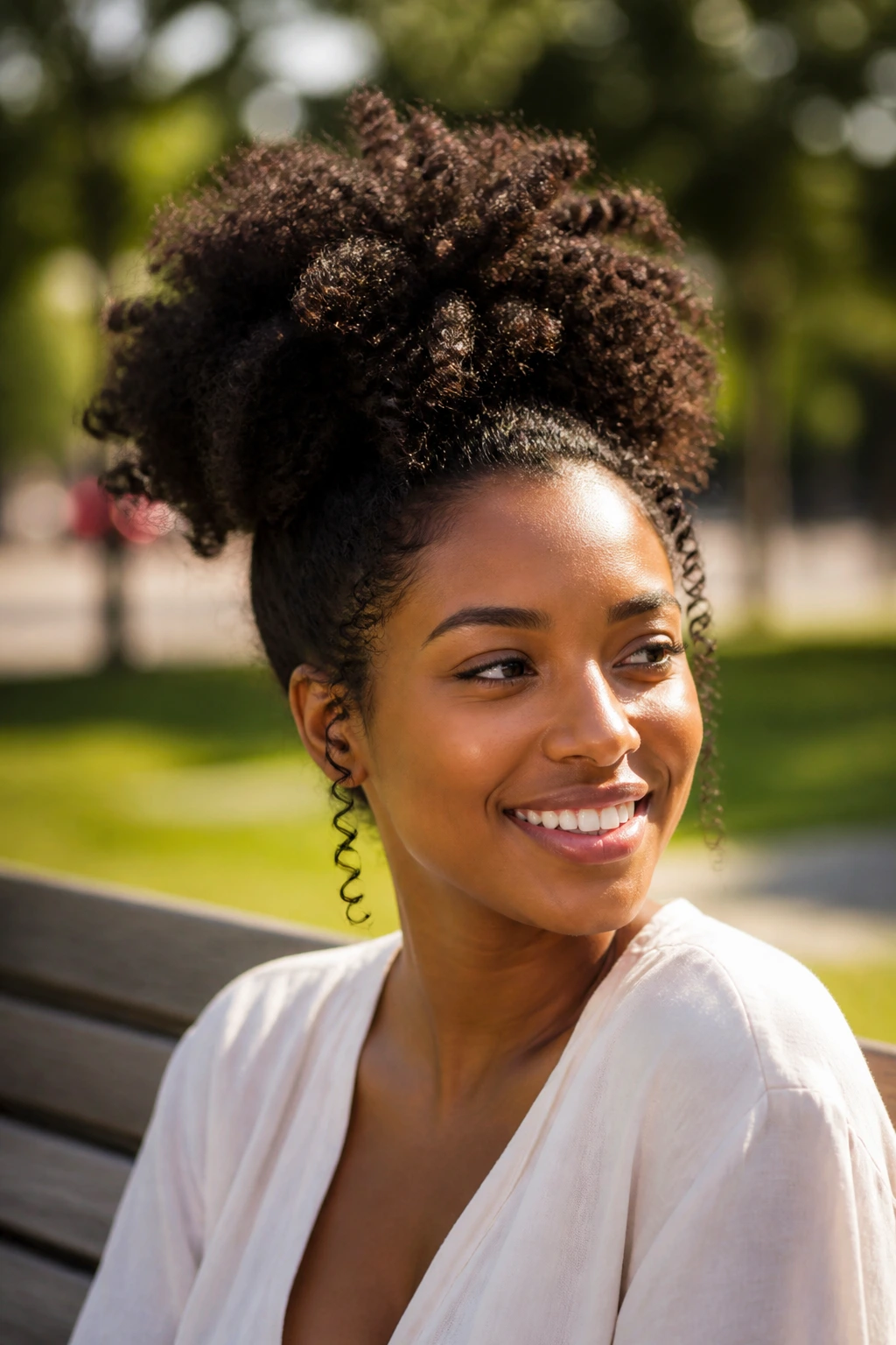 Real woman with a high pineapple puff in a sunlit outdoor setting.