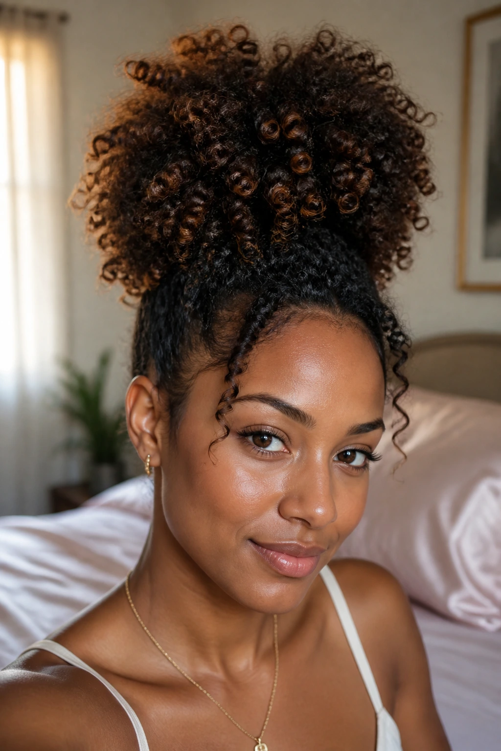 Close-up of a real woman with a pineapple puff hairstyle in a softly lit bedroom
