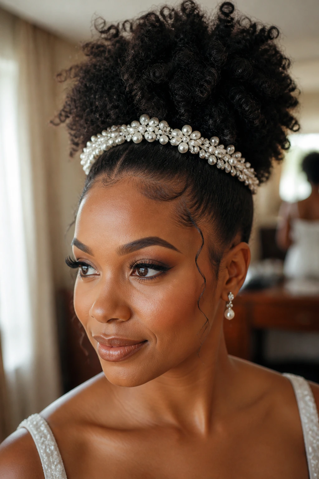 Close-up of a real woman with a high pineapple puff and embellished headband