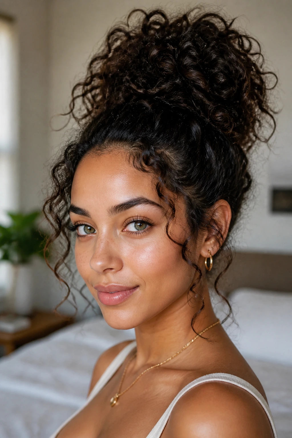 Close-up portrait of a woman with pineapple puff and face-framing tendrils