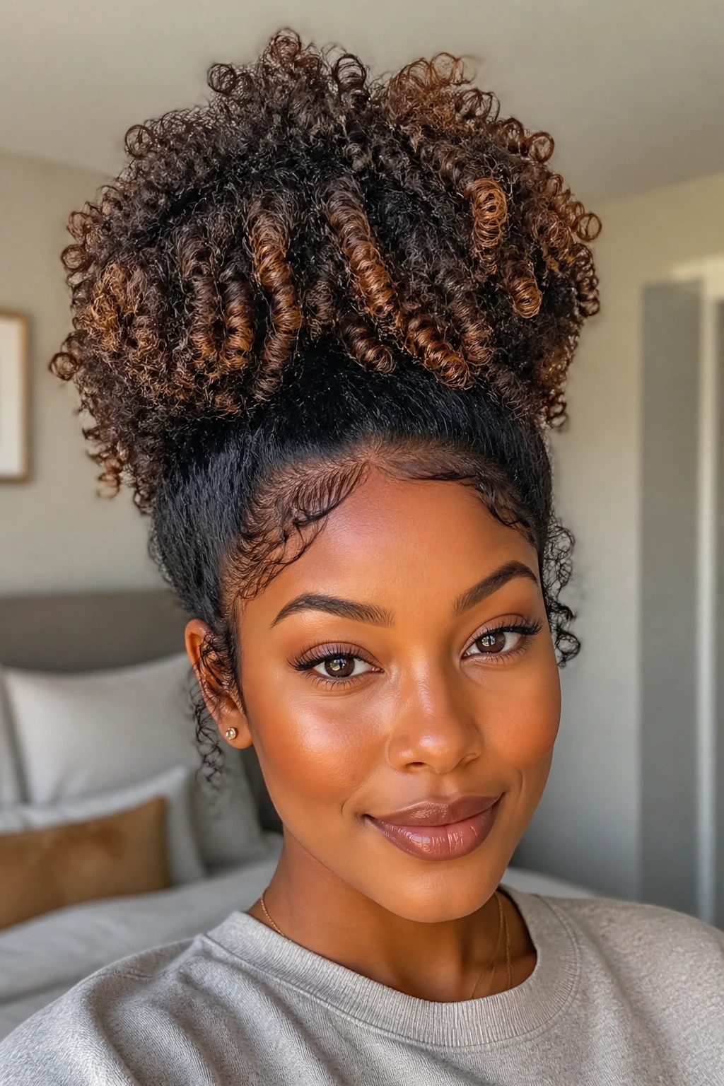 Close-up of a real woman with a pineapple high puff hairstyle.