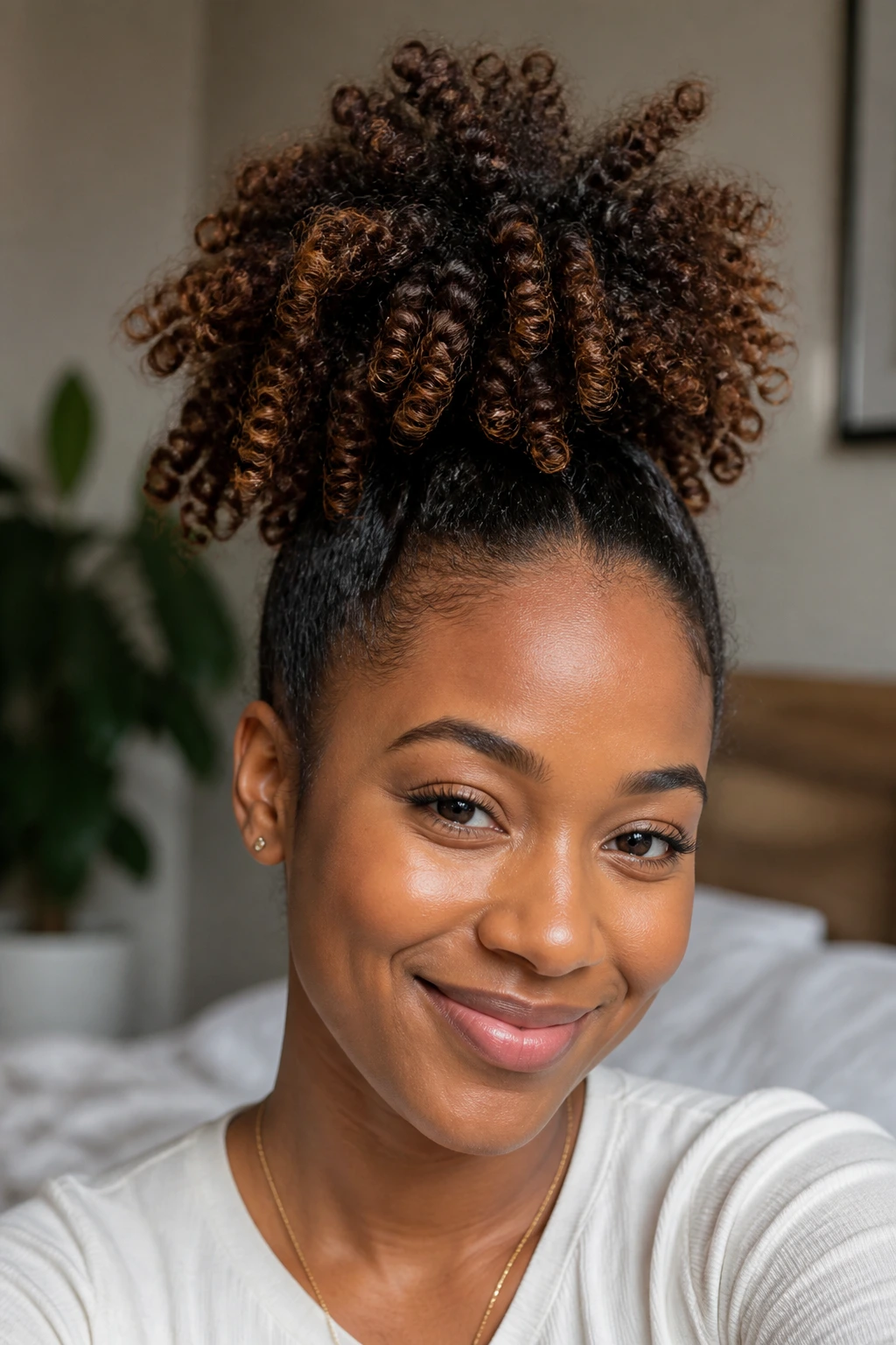 Close-up of a woman with a high pineapple puff hairstyle in soft daylight.