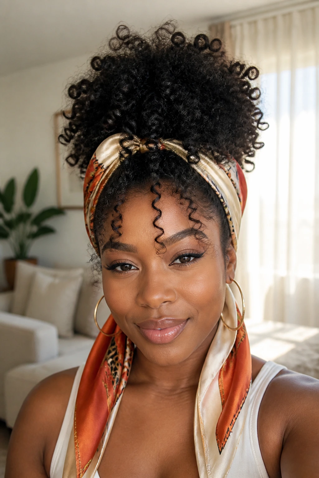 Close-up of a real Black woman with a pineapple puff and scarf at the base under soft daylight