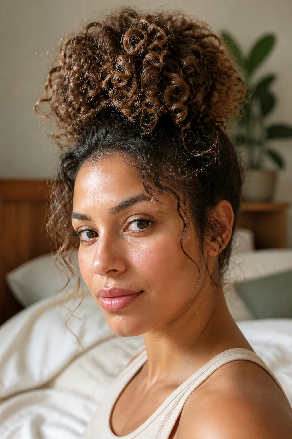 Close-up of a real person with a pineapple puff hairstyle