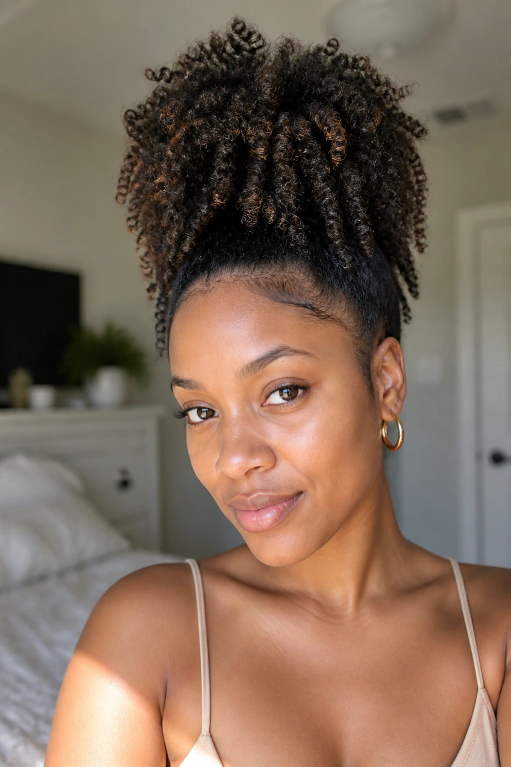 Real woman with pineapple puff on stretched curls in a sunlit room