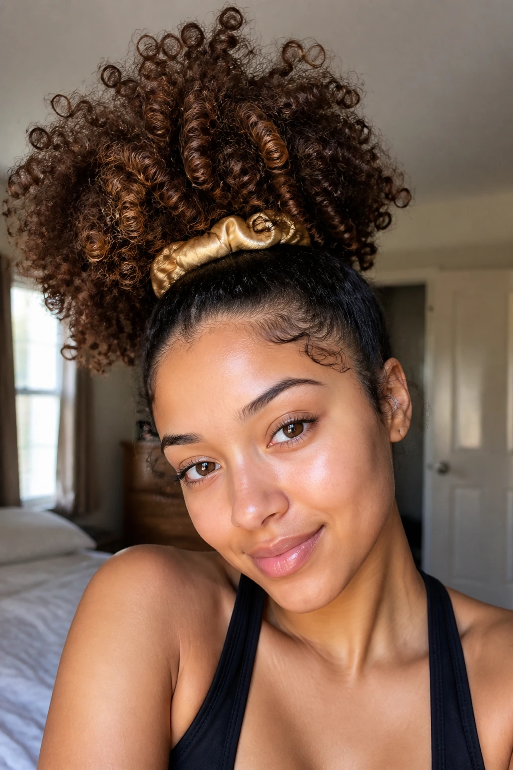 Portrait of a woman with a high pineapple puff hairstyle
