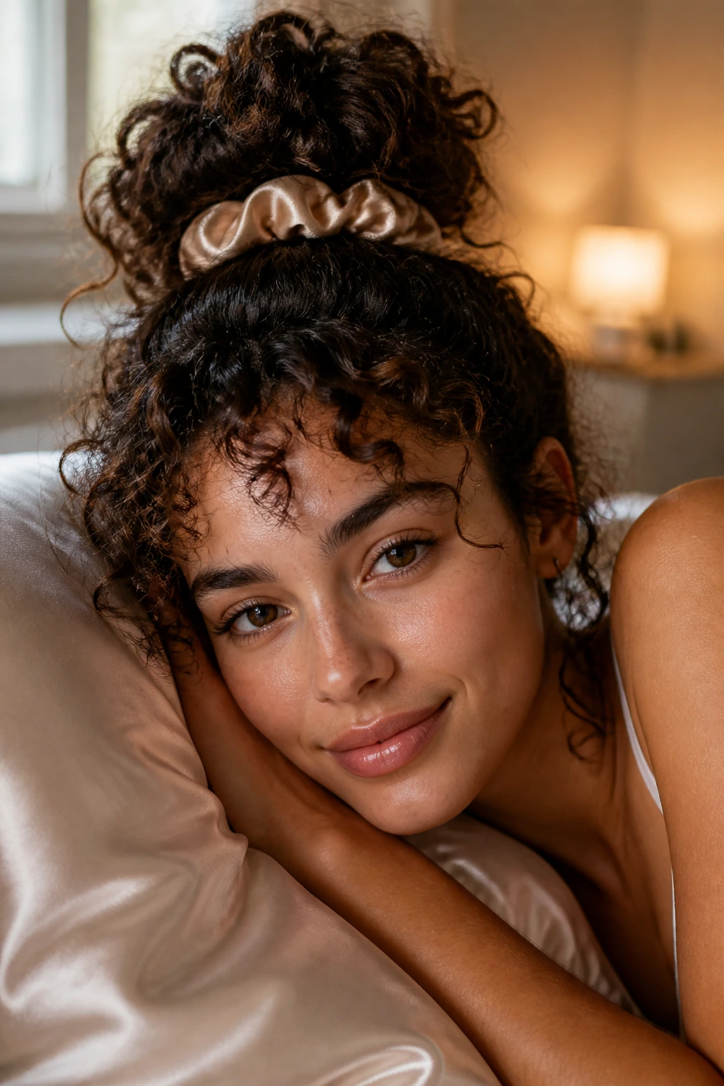 Close-up of hair in a pineapple updo with satin scrunchie on pillow