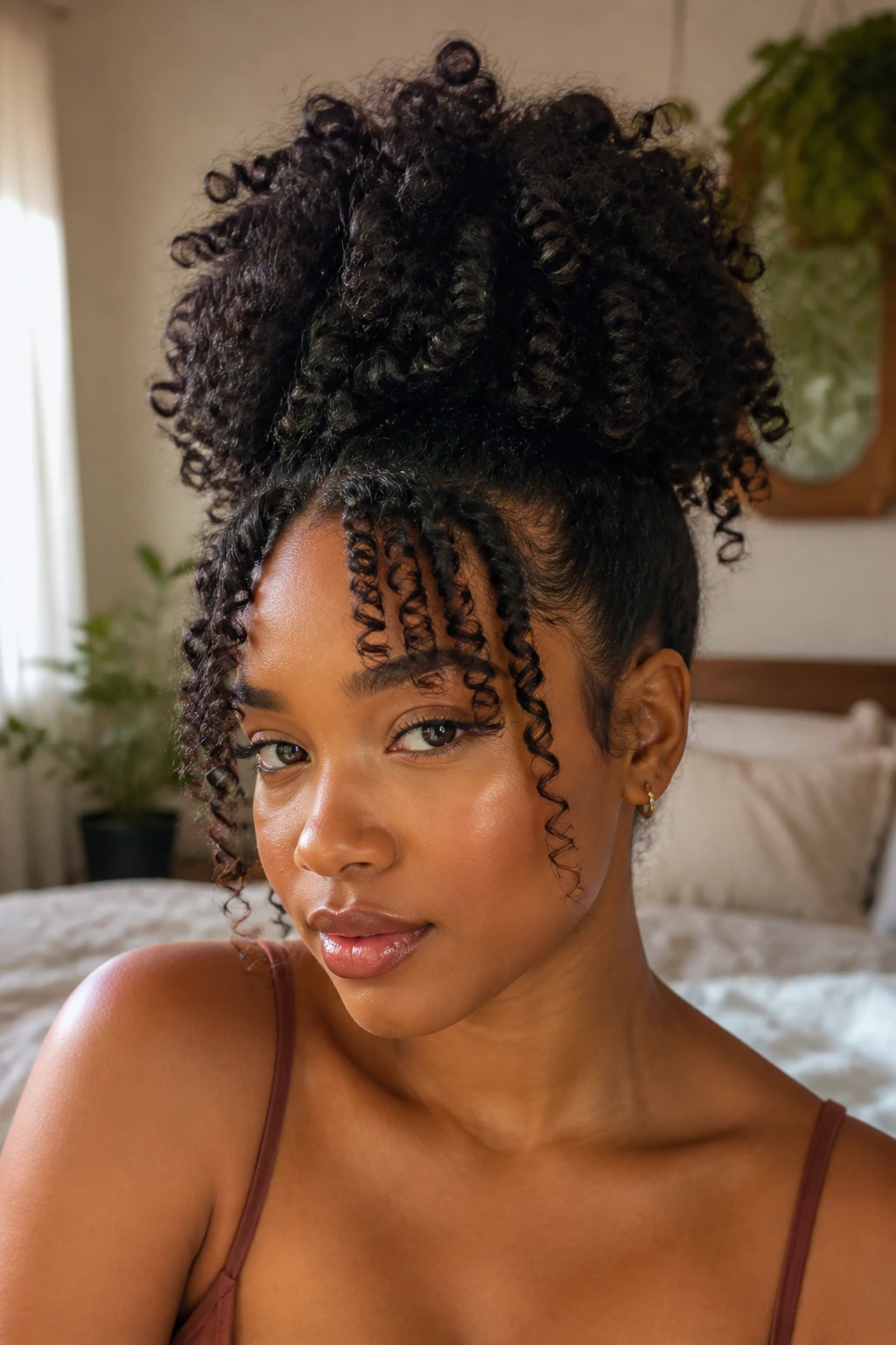 Close-up of a real person with a pineapple hairstyle featuring a sculpted front in natural window light.
