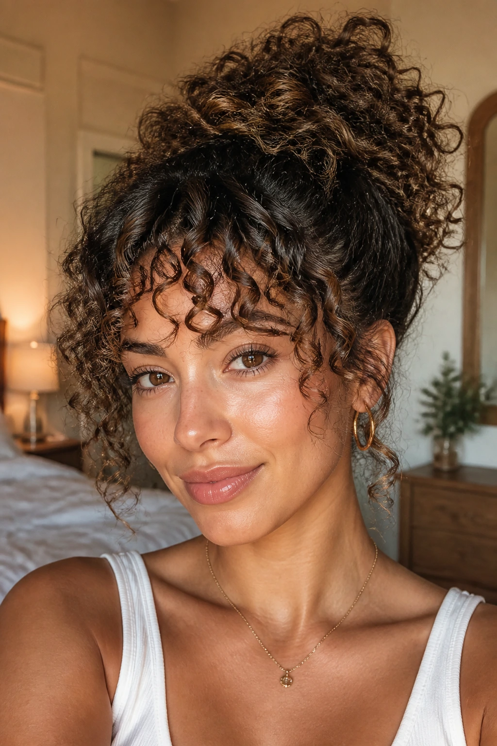 Real person with pineapple updo and bottleneck bangs in warm natural light