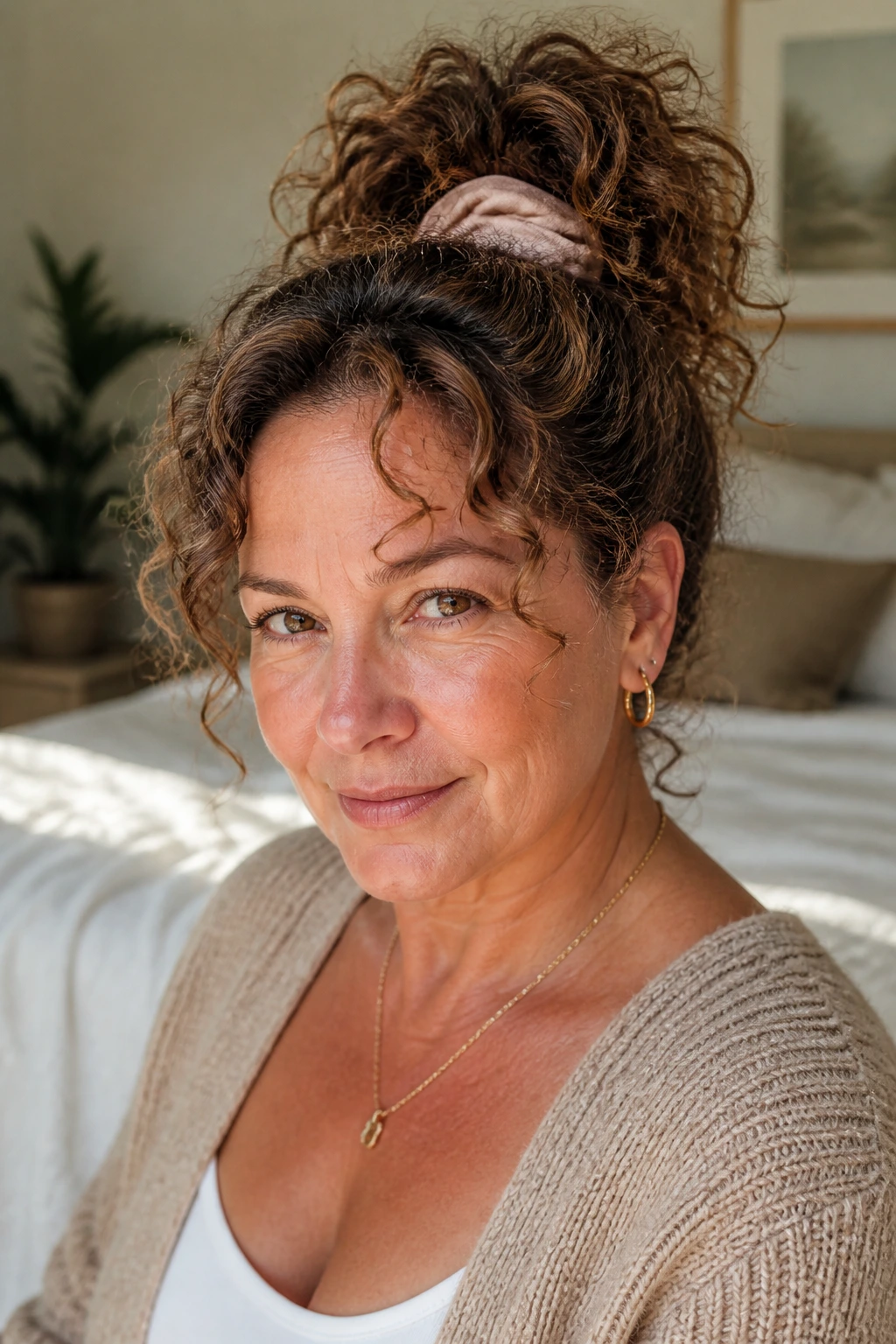 Close-up portrait of a real woman with a loose pineapple updo showing crown height