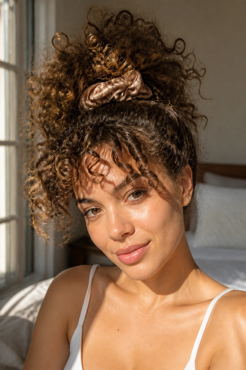 Close-up of a real woman's head showing a high pineapple updo with curls cascading forward.