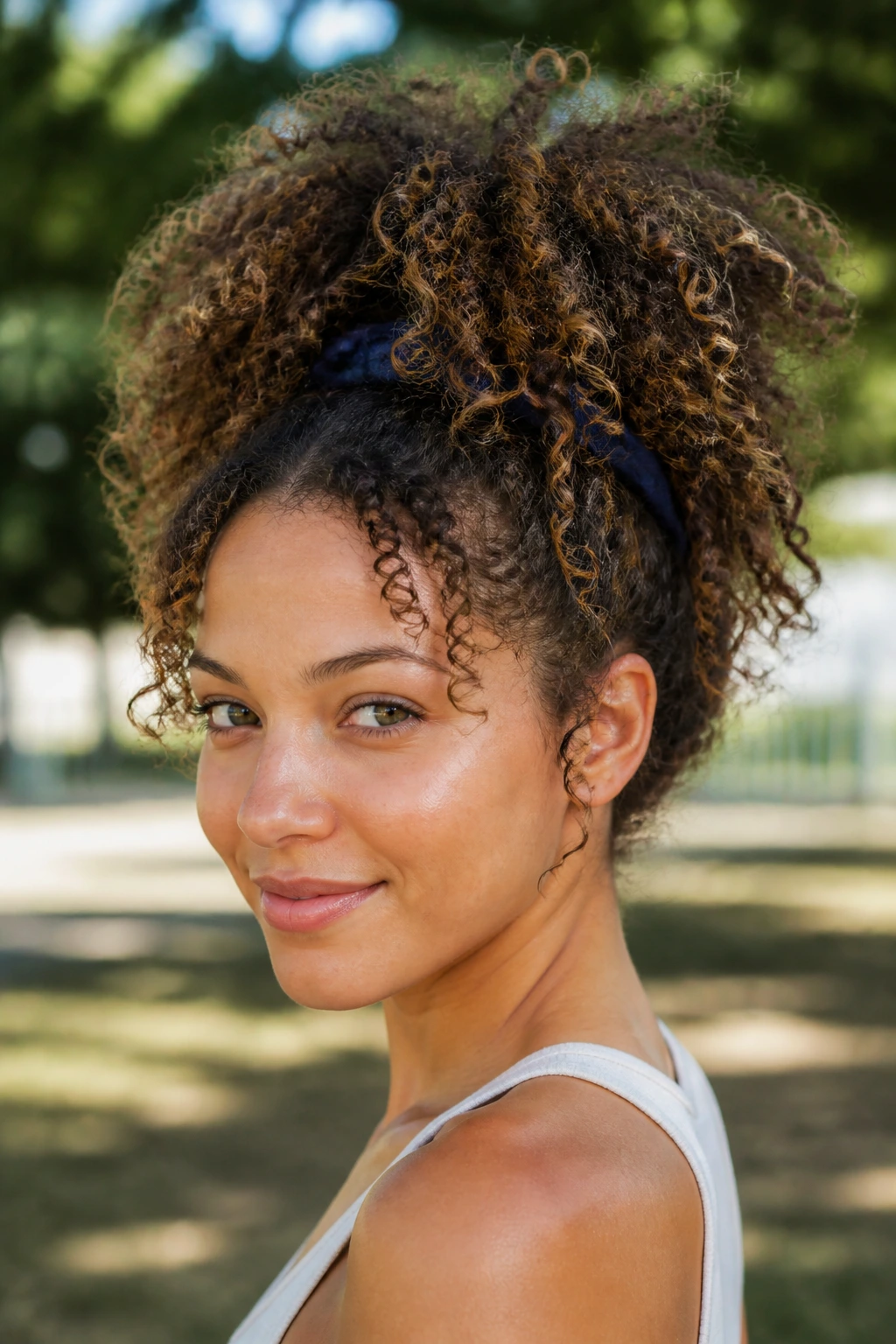 Close-up of a real person with a high pineapple updo on curls.