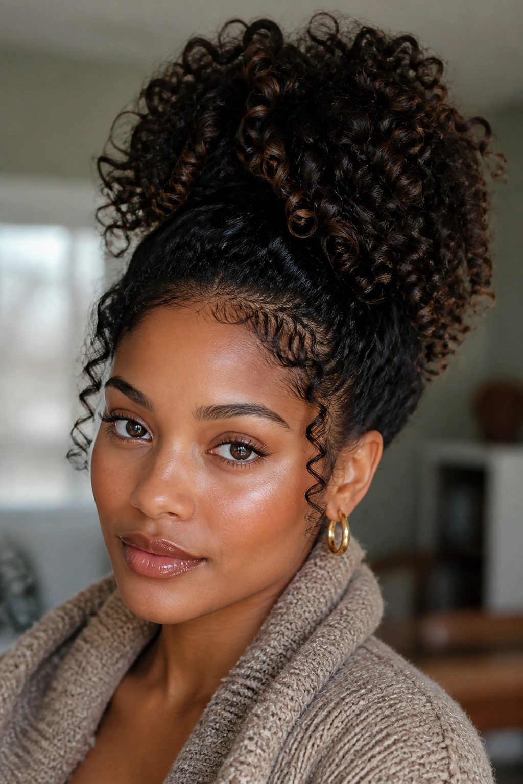 Close-up of a real woman with a defined curly pineapple updo in a winter indoor setting.