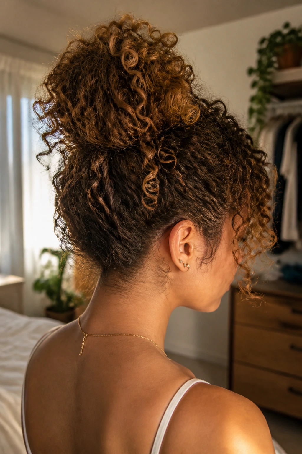 Close-up of a real woman with a pineapple updo and curls falling forward