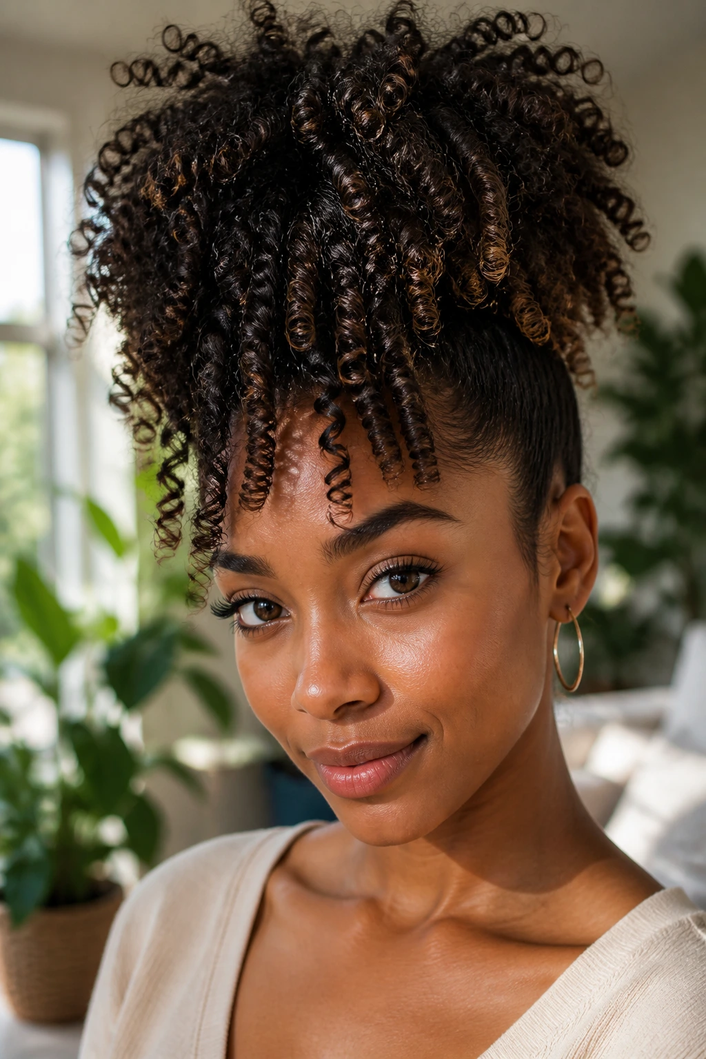 Close-up of pineapple updo with defined curls on a real person