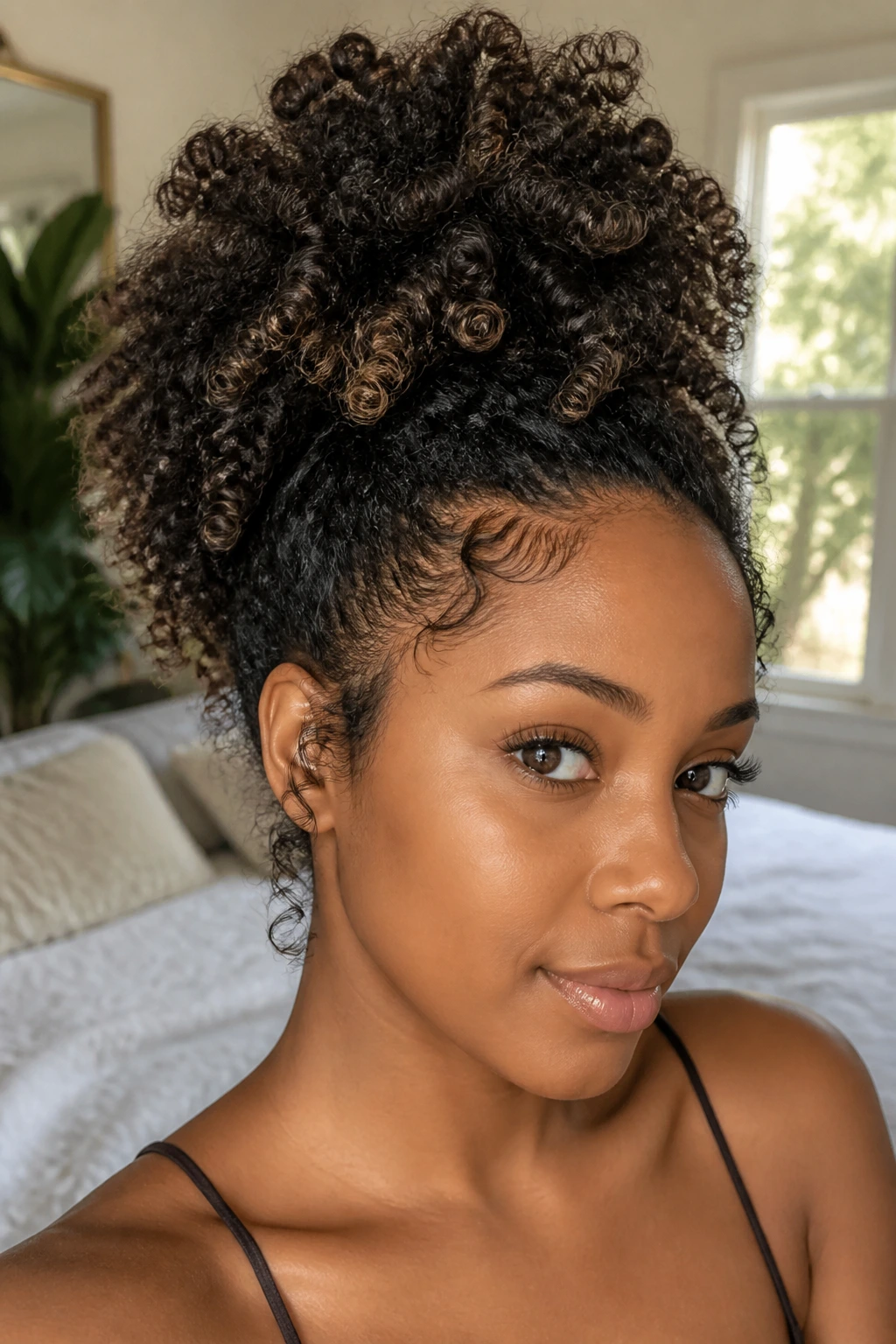 Close-up portrait of a real woman with a pineapple updo and loose ends in soft window light