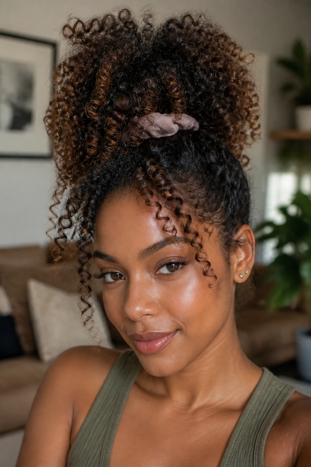 Close-up of a real woman with a high pineapple updo and loose curls around the face