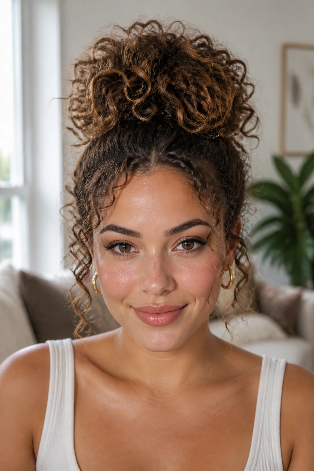 Close-up of Pineapple Updo on a real woman with curls piled on top and face-framing strands