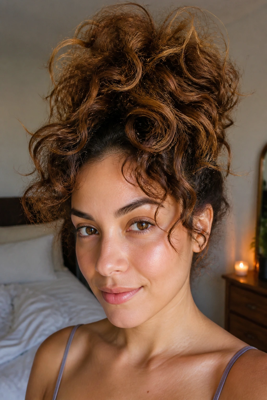 Close-up of a real woman with a high pineapple updo in warm daylight