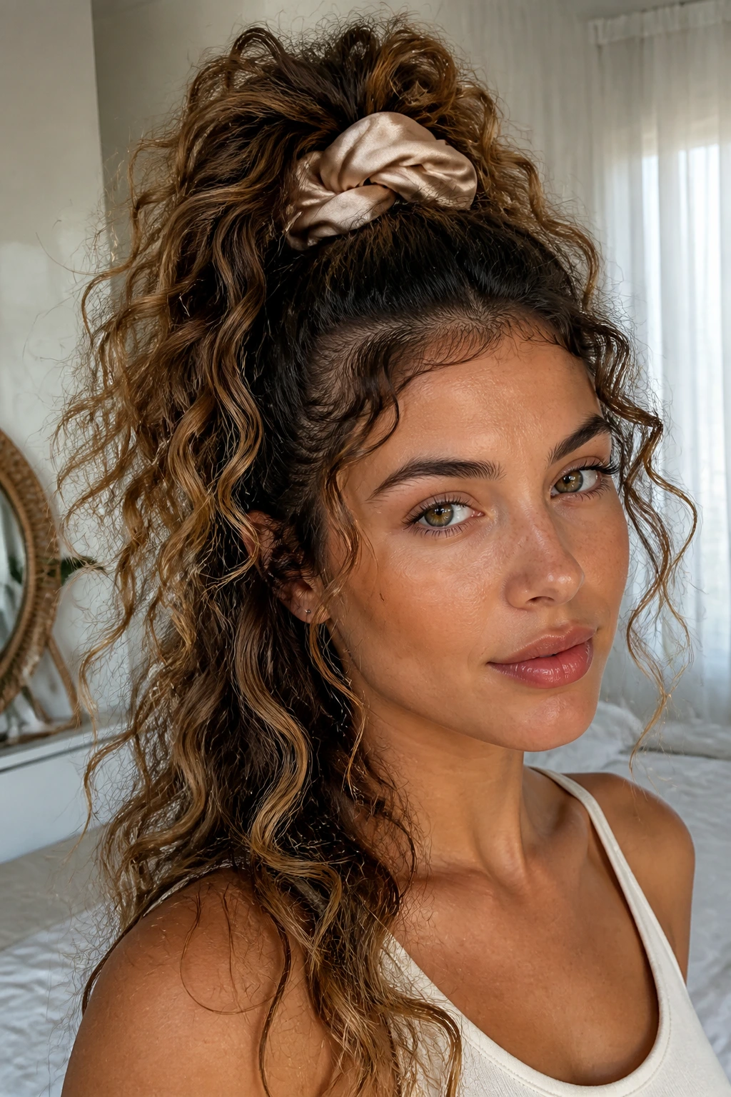 Real person with pineapple-set loose waves and visible silk scrunchie in natural light