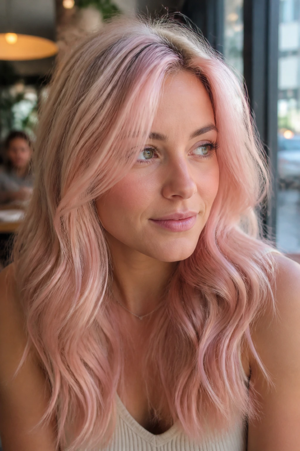 Real woman with translucent pink glaze on champagne blonde hair in natural daylight