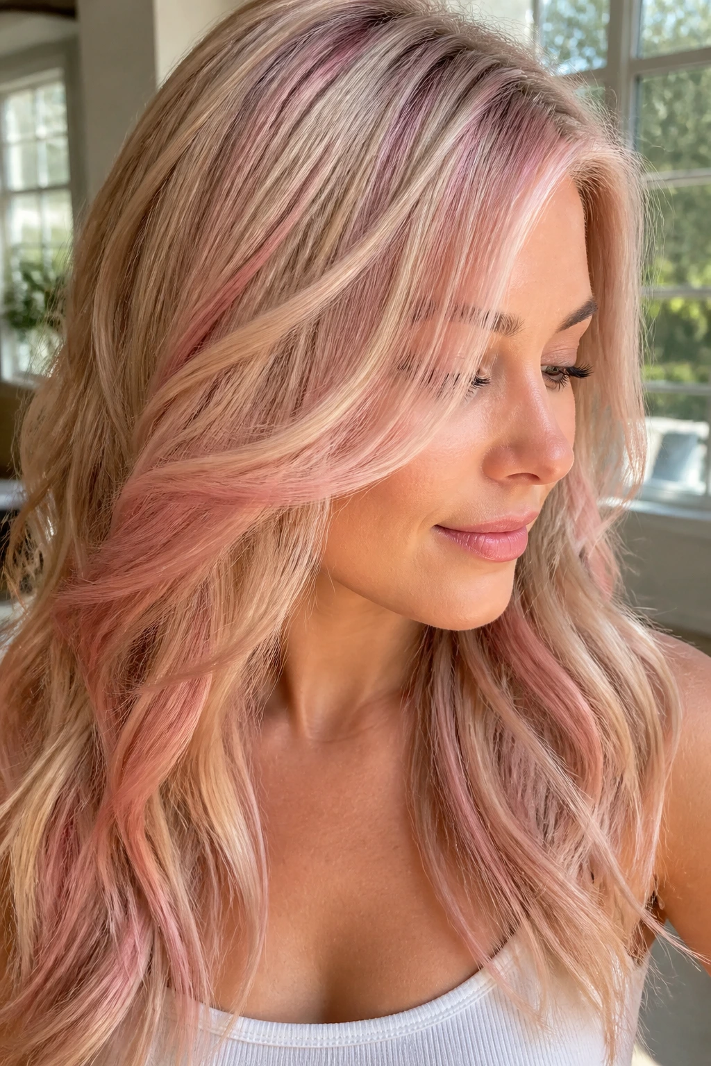 Blonde hair with pink champagne highlights on a real person